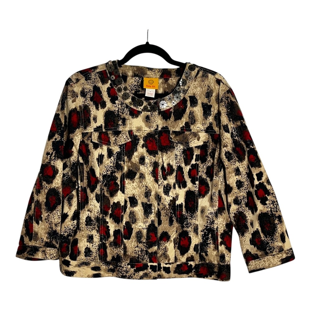 Ruby Rd Womens Leopard Print Embellished Snap Front‎ Jacket Red Accents Size 16